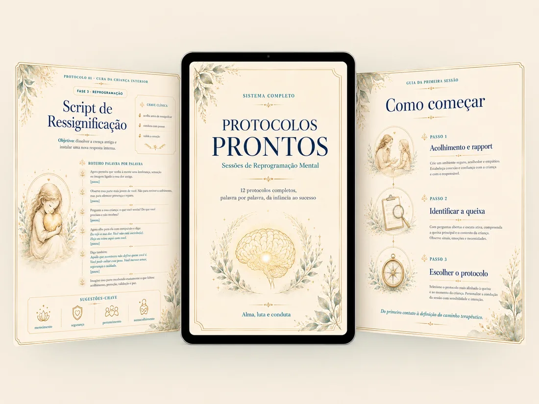 Protocolos Prontos — mockup do material no tablet e páginas dos protocolos